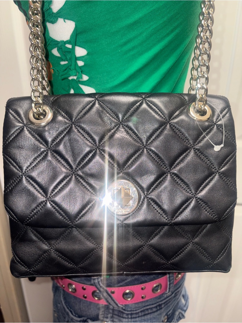 kate spade Black Quilted Leather Shoulder Bag with Silver Chain